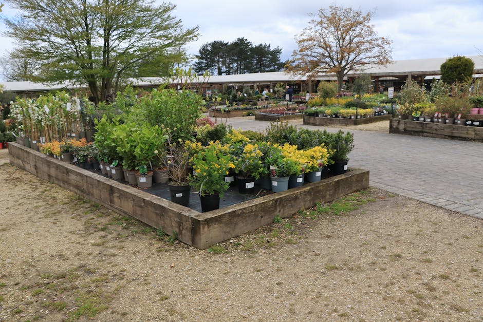 A bustling outdoor market scene in a small garden or park area, featuring multiple vendor stalls shaded by large umbrellas, with fresh produce and flowers displayed on tables. The ground appears damp,